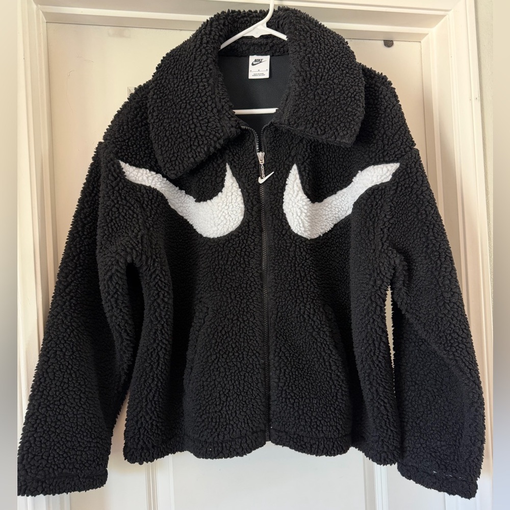 Nike Oversized Black Sherpa Jacket with White Swoosh Accent